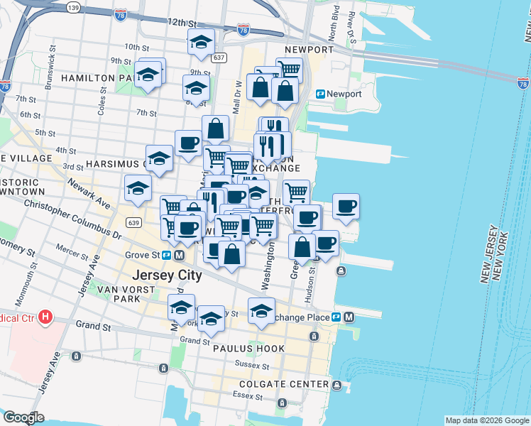 map of restaurants, bars, coffee shops, grocery stores, and more near in Jersey City