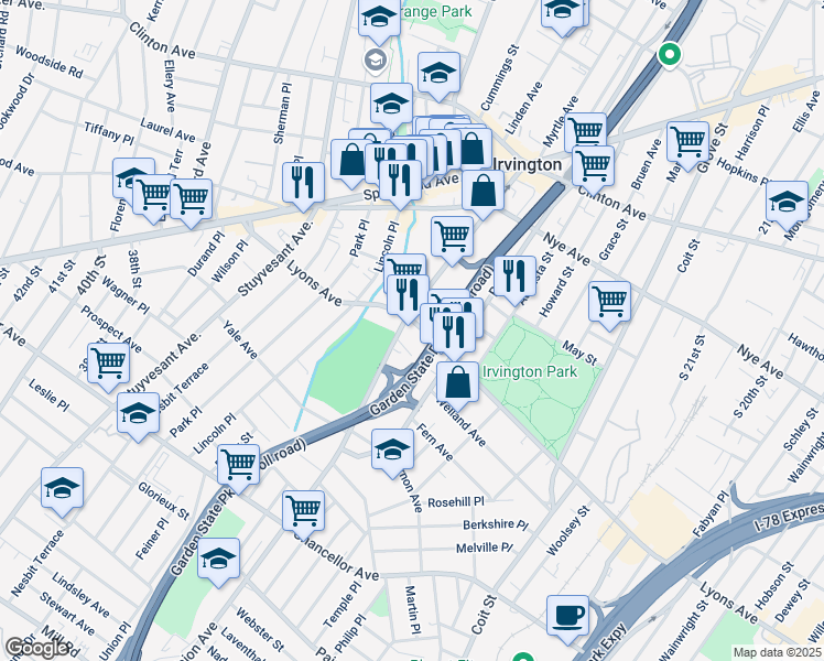 map of restaurants, bars, coffee shops, grocery stores, and more near 753 Lyons Avenue in Irvington