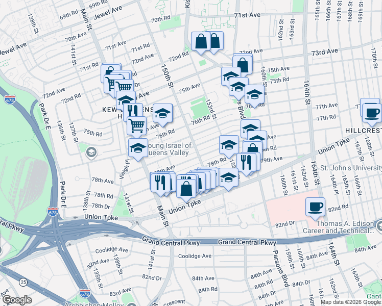 map of restaurants, bars, coffee shops, grocery stores, and more near 147-49 77th Road in Queens