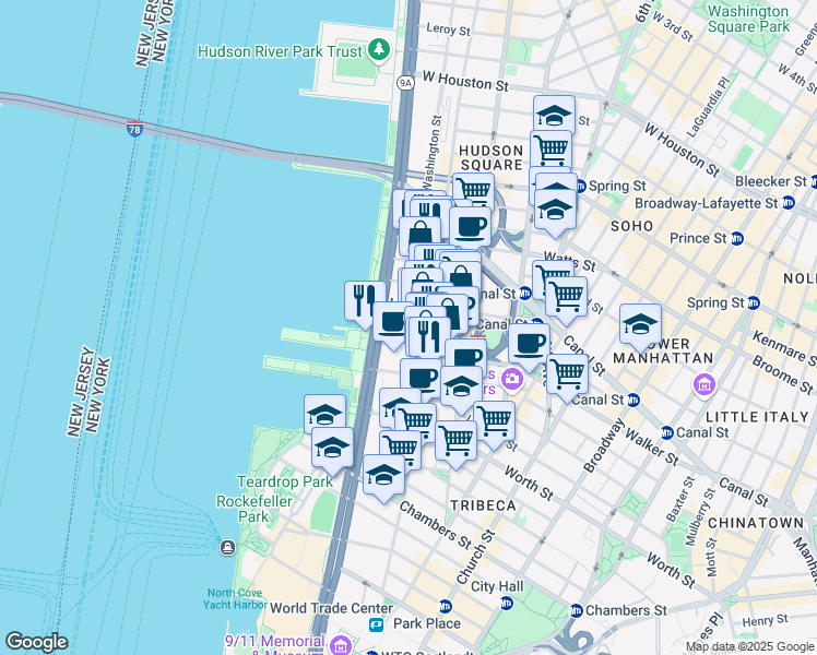 map of restaurants, bars, coffee shops, grocery stores, and more near 200 Washington Street in New York