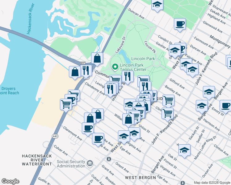map of restaurants, bars, coffee shops, grocery stores, and more near 223 Mallory Avenue in Jersey City