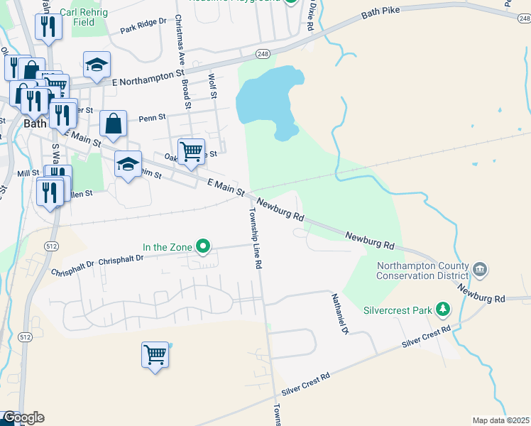 map of restaurants, bars, coffee shops, grocery stores, and more near 3331 Newburg Road in Nazareth