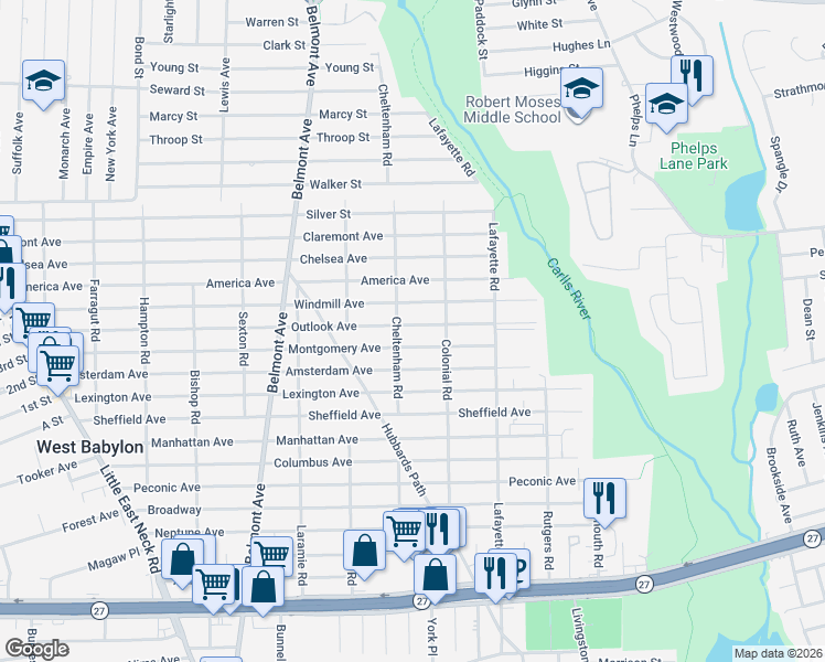 map of restaurants, bars, coffee shops, grocery stores, and more near 725 Outlook Avenue in West Babylon