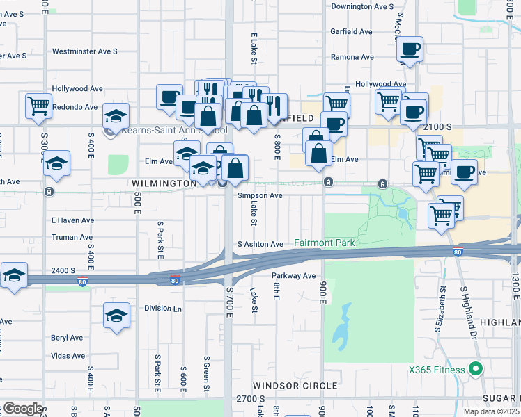 map of restaurants, bars, coffee shops, grocery stores, and more near 2263 Lake Street in Salt Lake City