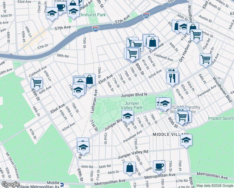 map of restaurants, bars, coffee shops, grocery stores, and more near 61-63 76th Street in Queens