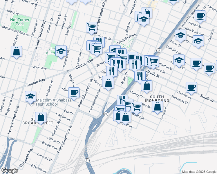 map of restaurants, bars, coffee shops, grocery stores, and more near 79 Murray Street in Newark