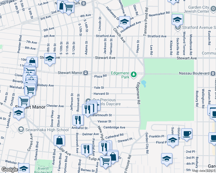 map of restaurants, bars, coffee shops, grocery stores, and more near 6 Harrison Street in Garden City