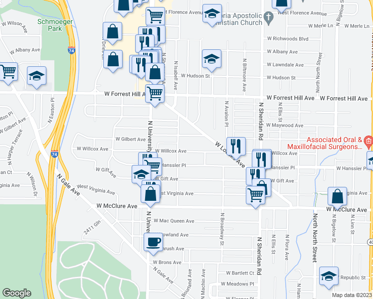map of restaurants, bars, coffee shops, grocery stores, and more near 1101 West Willcox Avenue in Peoria