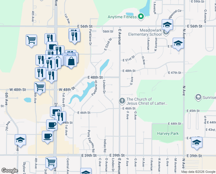 map of restaurants, bars, coffee shops, grocery stores, and more near 4761-4803 Linden Drive in Kearney