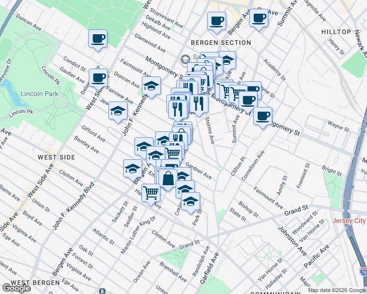 map of restaurants, bars, coffee shops, grocery stores, and more near in Jersey City