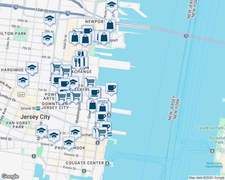 map of restaurants, bars, coffee shops, grocery stores, and more near 2 2nd Street in Jersey City