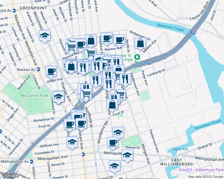 map of restaurants, bars, coffee shops, grocery stores, and more near 40 Lombardy Street in Brooklyn