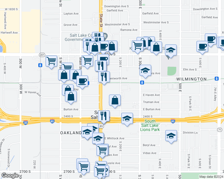 map of restaurants, bars, coffee shops, grocery stores, and more near 2265 South State Street in South Salt Lake
