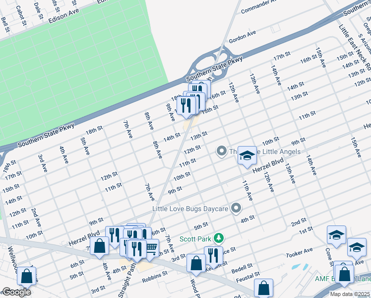 map of restaurants, bars, coffee shops, grocery stores, and more near 911 13th Street in West Babylon