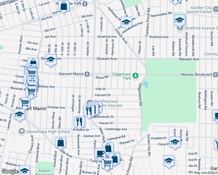 map of restaurants, bars, coffee shops, grocery stores, and more near 6 Harrison Street in Garden City