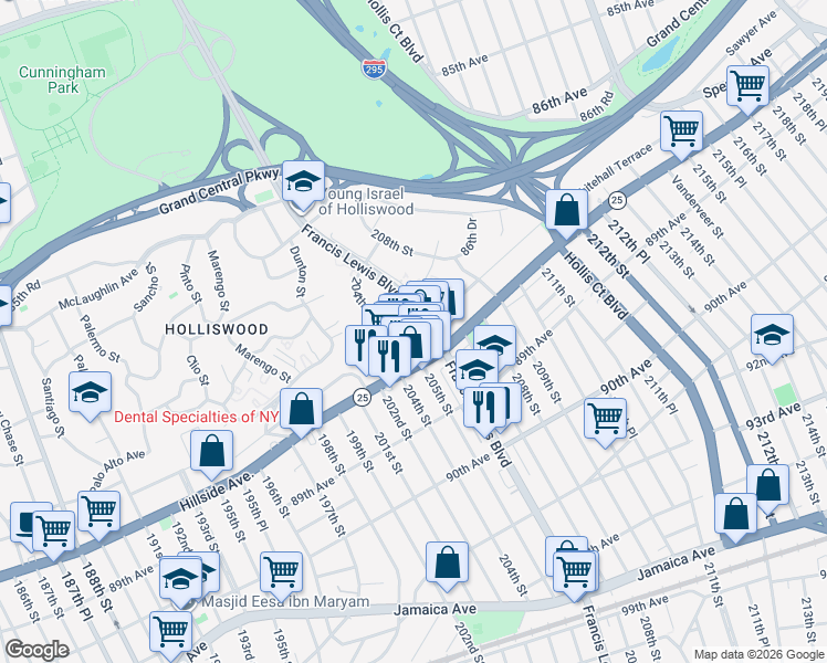 map of restaurants, bars, coffee shops, grocery stores, and more near 87-56 Francis Lewis Boulevard in Queens
