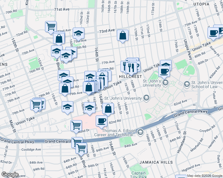 map of restaurants, bars, coffee shops, grocery stores, and more near 165-9 Union Turnpike in Queens