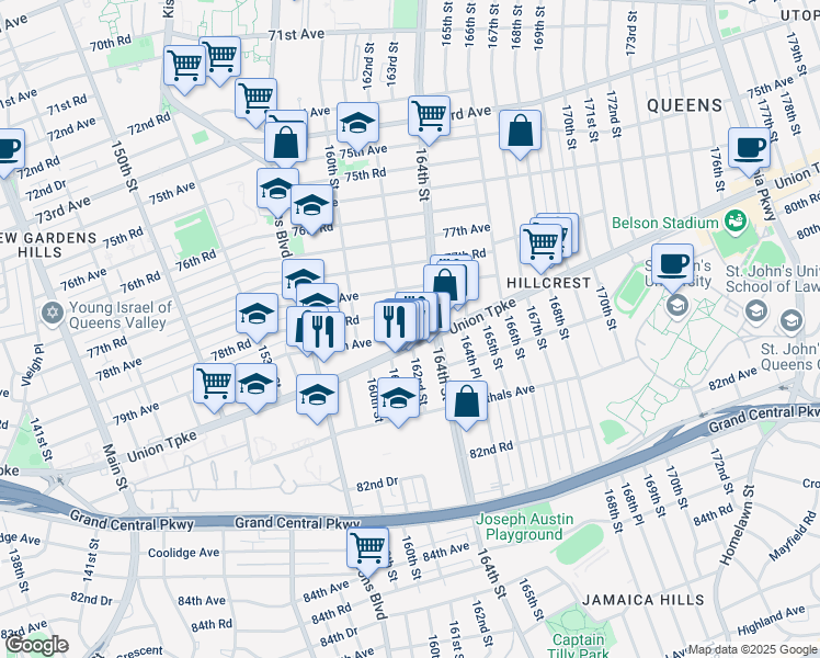 map of restaurants, bars, coffee shops, grocery stores, and more near 162-02 78th Road in Queens