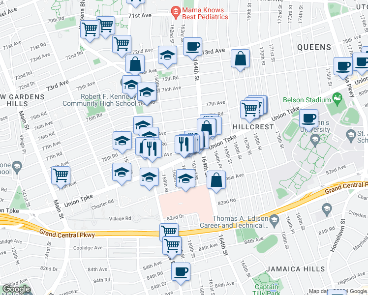 map of restaurants, bars, coffee shops, grocery stores, and more near 162-02 78th Road in Queens