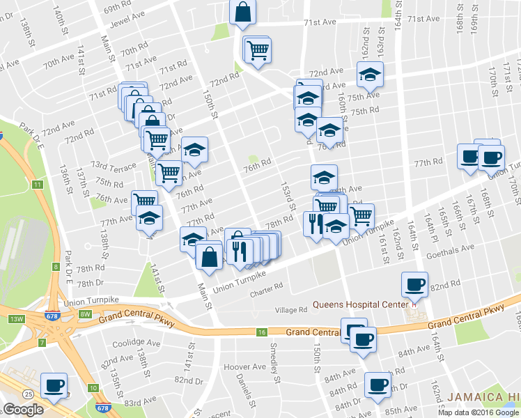 map of restaurants, bars, coffee shops, grocery stores, and more near 150-24 77th Road in Queens