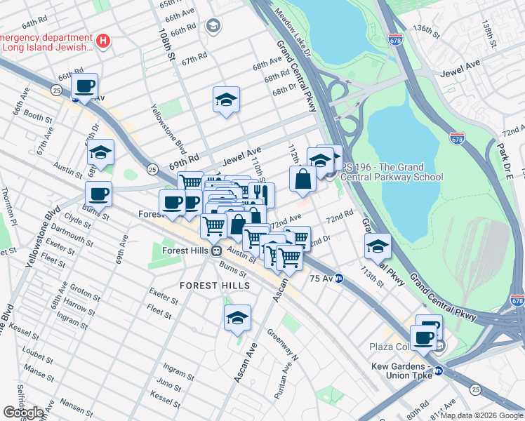 map of restaurants, bars, coffee shops, grocery stores, and more near 109-33 71st Road in Queens