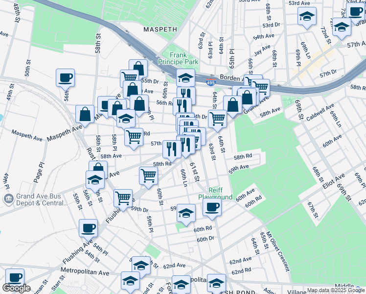 map of restaurants, bars, coffee shops, grocery stores, and more near 59-95 57th Drive in Queens