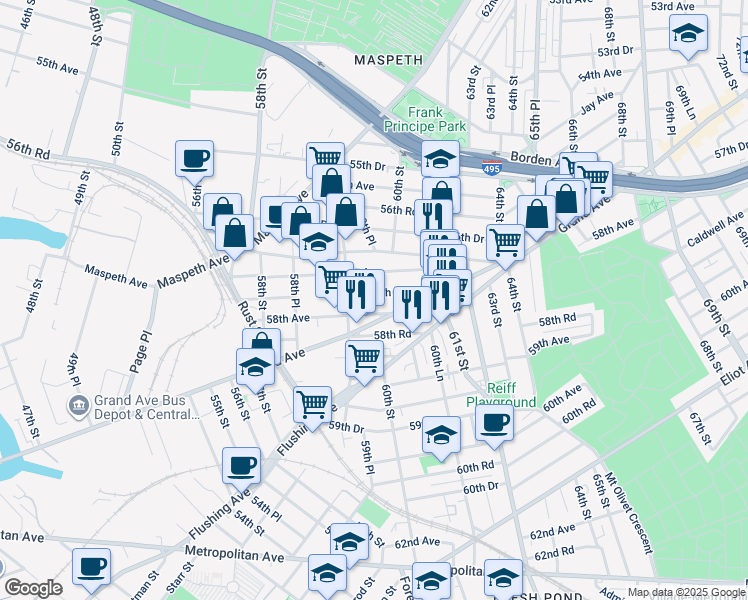 map of restaurants, bars, coffee shops, grocery stores, and more near 59-49 57th Drive in Queens