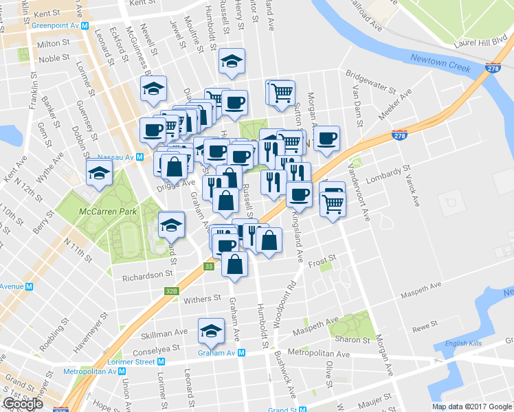 map of restaurants, bars, coffee shops, grocery stores, and more near 161 Engert Avenue in Brooklyn