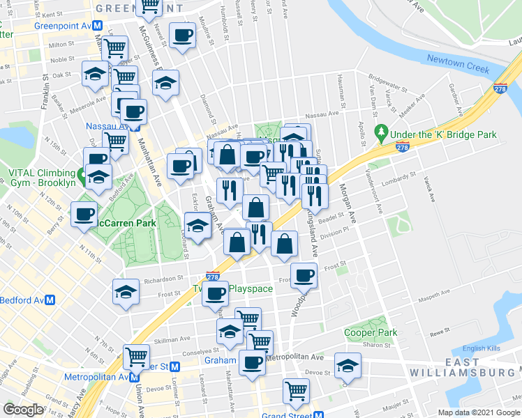 map of restaurants, bars, coffee shops, grocery stores, and more near 161 Engert Avenue in Brooklyn