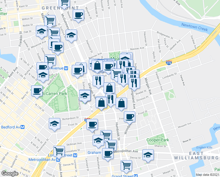 map of restaurants, bars, coffee shops, grocery stores, and more near 161 Engert Avenue in Brooklyn