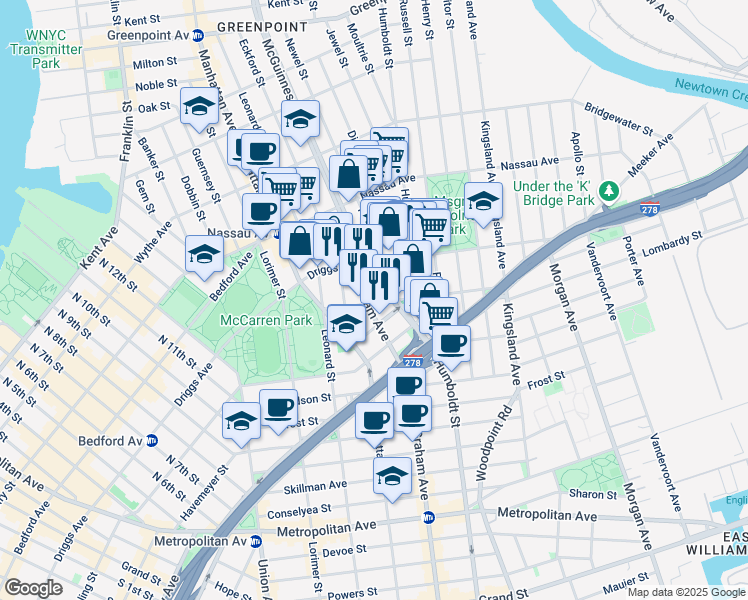 map of restaurants, bars, coffee shops, grocery stores, and more near 4 Broome Street in Brooklyn