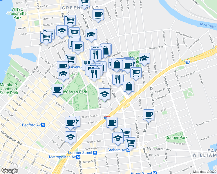 map of restaurants, bars, coffee shops, grocery stores, and more near 4 Broome Street in Brooklyn