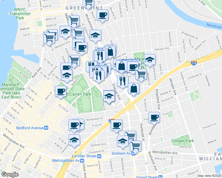 map of restaurants, bars, coffee shops, grocery stores, and more near 4 Broome Street in Brooklyn