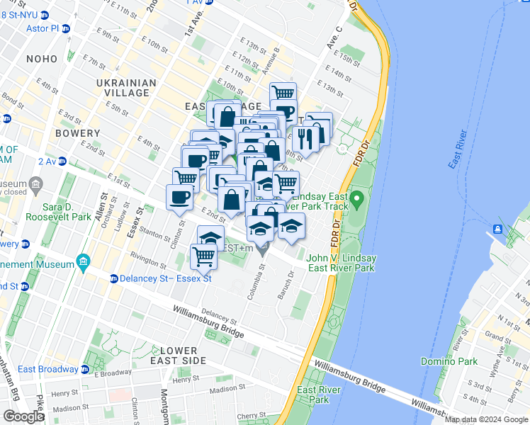 map of restaurants, bars, coffee shops, grocery stores, and more near 734 East 5th Street in New York