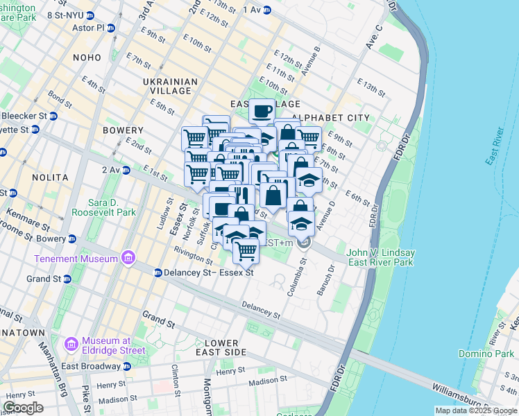 map of restaurants, bars, coffee shops, grocery stores, and more near 242 East 3rd Street in New York