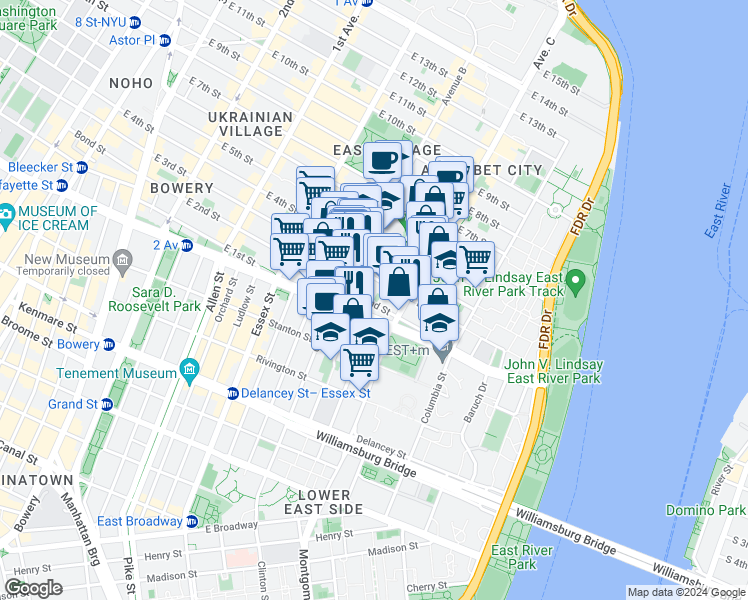 map of restaurants, bars, coffee shops, grocery stores, and more near 242 East 3rd Street in New York