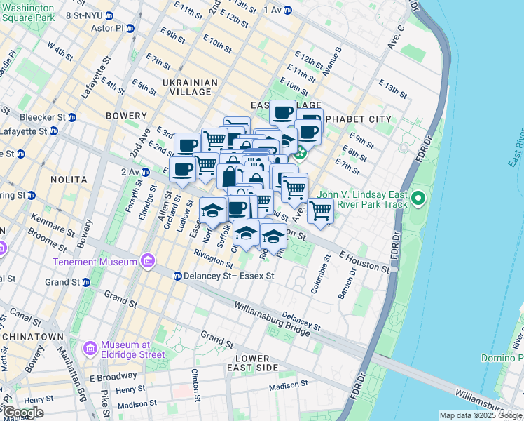 map of restaurants, bars, coffee shops, grocery stores, and more near 210 East 2nd Street in New York