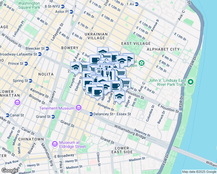 map of restaurants, bars, coffee shops, grocery stores, and more near 11 A Avenue in New York