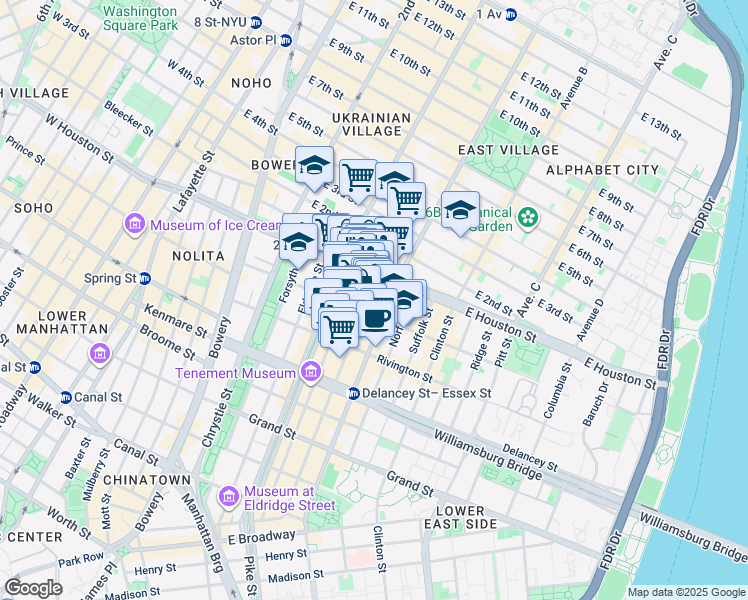 map of restaurants, bars, coffee shops, grocery stores, and more near 179 Ludlow Street in New York