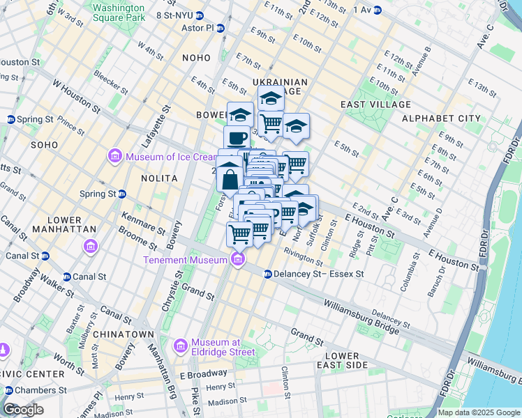 map of restaurants, bars, coffee shops, grocery stores, and more near 177 East Houston Street in New York