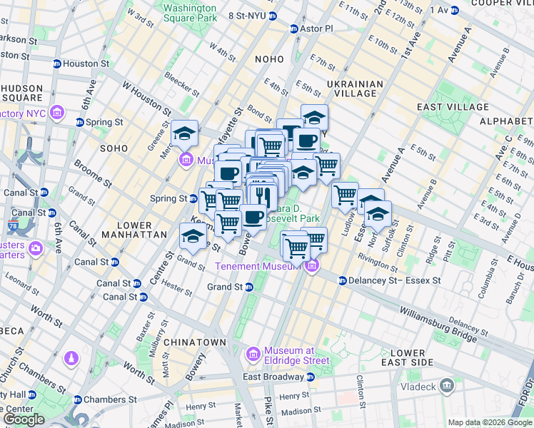 map of restaurants, bars, coffee shops, grocery stores, and more near 187 Chrystie Street in New York