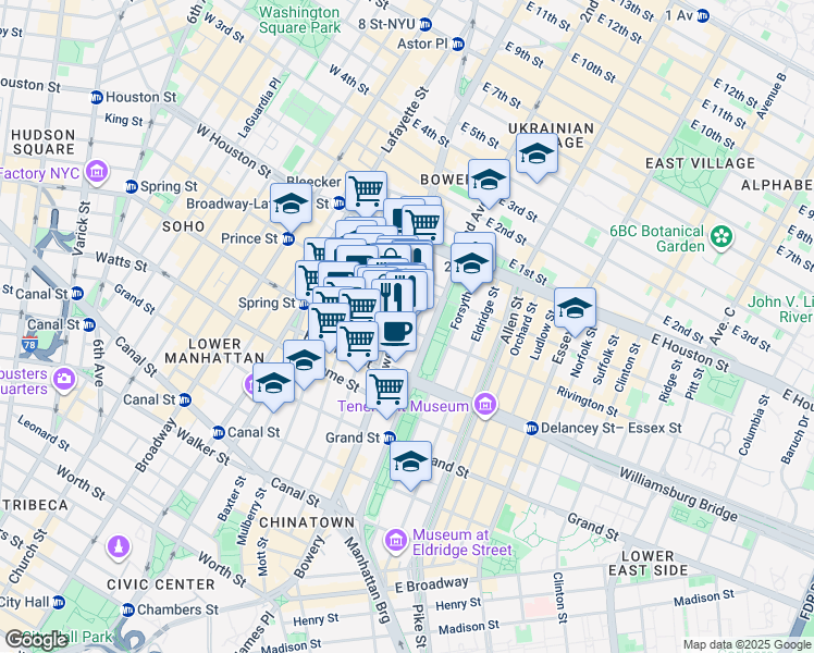 map of restaurants, bars, coffee shops, grocery stores, and more near 220 Bowery in New York