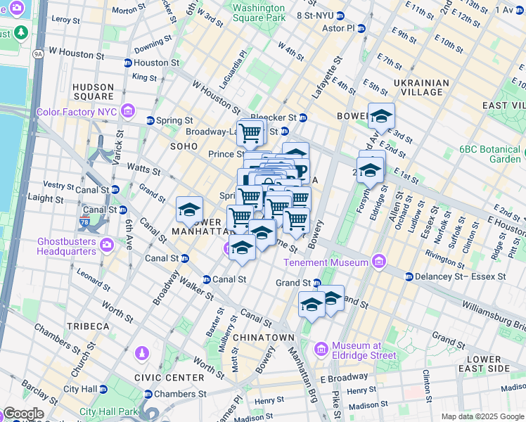 map of restaurants, bars, coffee shops, grocery stores, and more near 234 Mulberry Street in New York