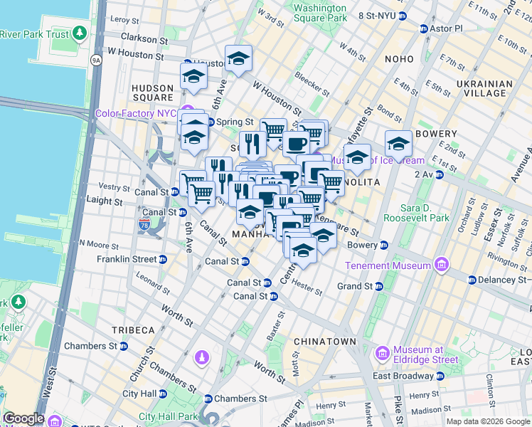 map of restaurants, bars, coffee shops, grocery stores, and more near 453 Broome Street in New York