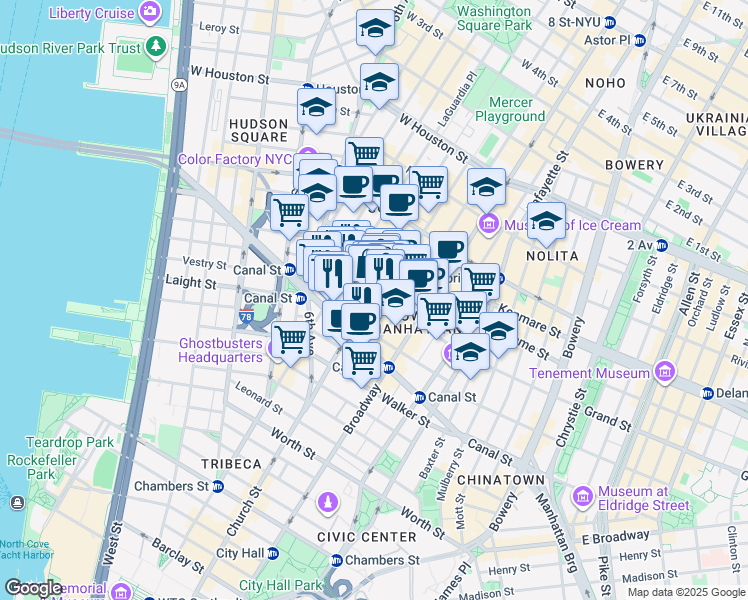 map of restaurants, bars, coffee shops, grocery stores, and more near 78 Grand Street in New York