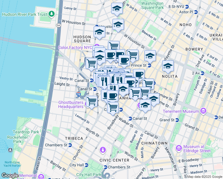 map of restaurants, bars, coffee shops, grocery stores, and more near 78 Grand Street in New York