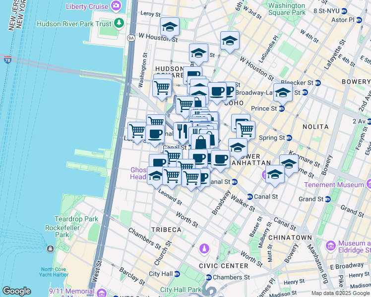 map of restaurants, bars, coffee shops, grocery stores, and more near 27-31 Grand Street in New York