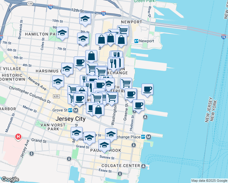 map of restaurants, bars, coffee shops, grocery stores, and more near 425 Washington Street in Jersey City