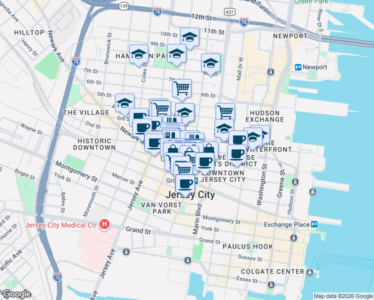 map of restaurants, bars, coffee shops, grocery stores, and more near in Jersey City