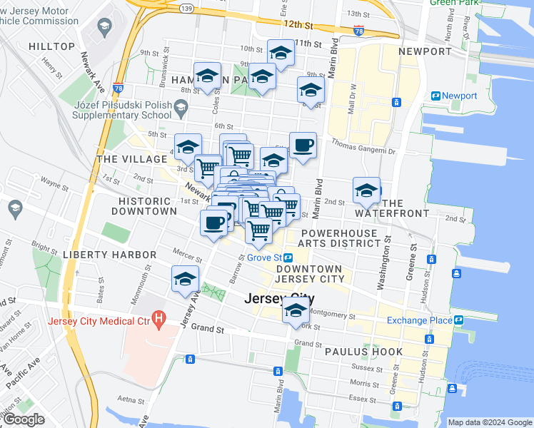 map of restaurants, bars, coffee shops, grocery stores, and more near in Jersey City